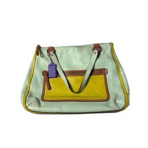 Coach Hallie Colorblock Tote Bag Aqua Blue Lime Green J1294-22430, Travel Work